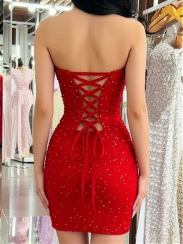 Sheath/Column Straight Rhinestone Short/Mini Tulle Homecoming Dresses
