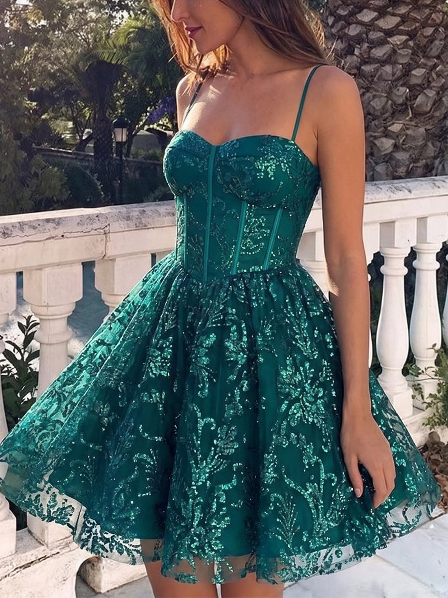 Sheath/Column Spaghetti Straps Bow Short/Mini Lace Homecoming Dresses