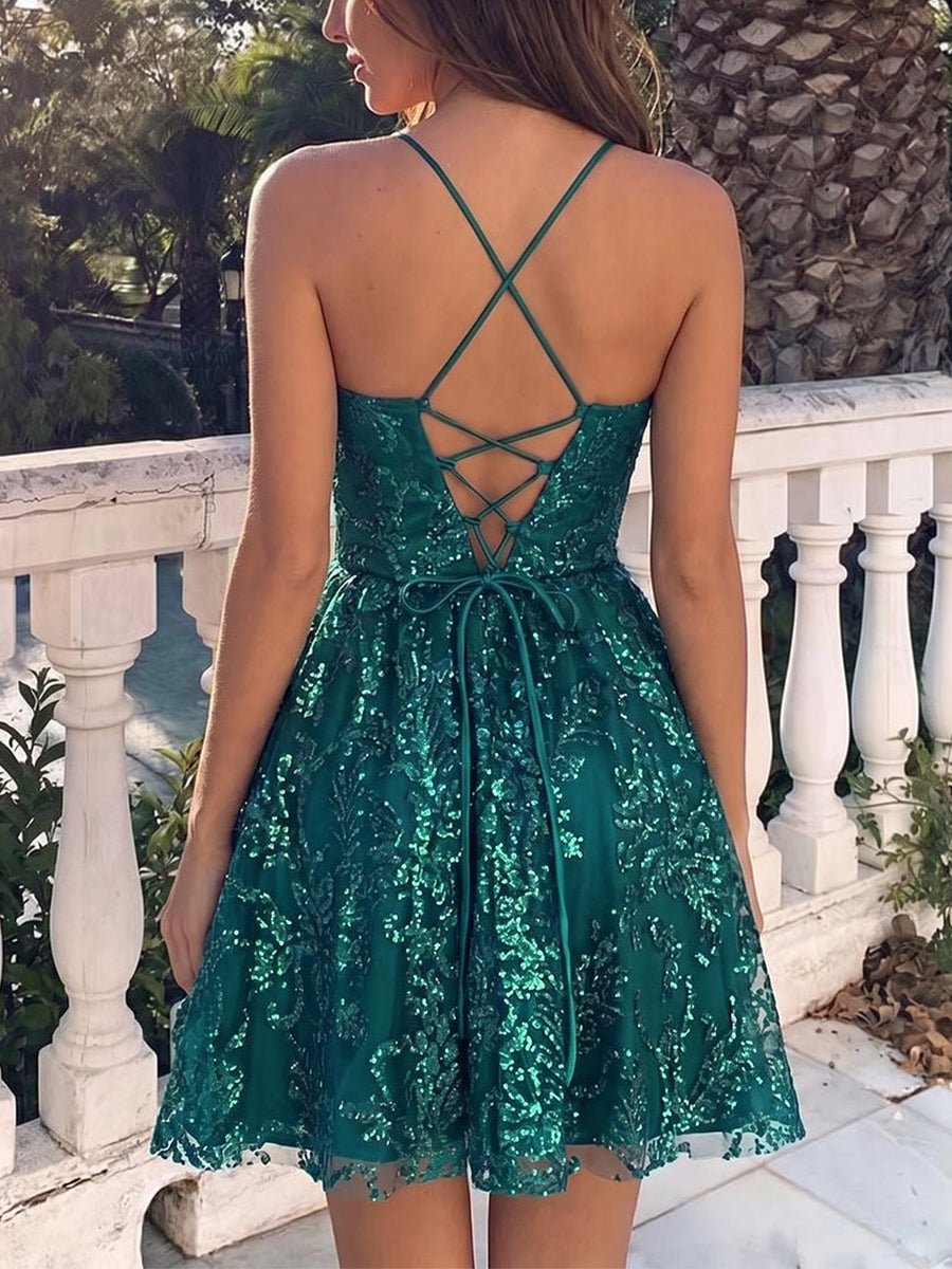 Sheath/Column Spaghetti Straps Bow Short/Mini Lace Homecoming Dresses