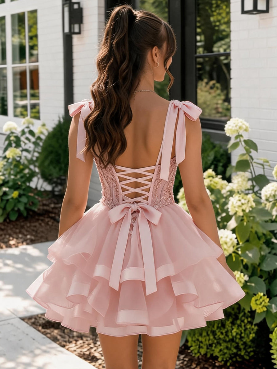 A-line/Princess Sweetheart Cascading Ruffles Short/Mini Tulle Homecoming Dresses