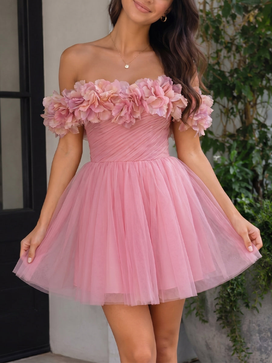 Sheath/Column Square Flower Short/Mini Tulle Homecoming Dresses