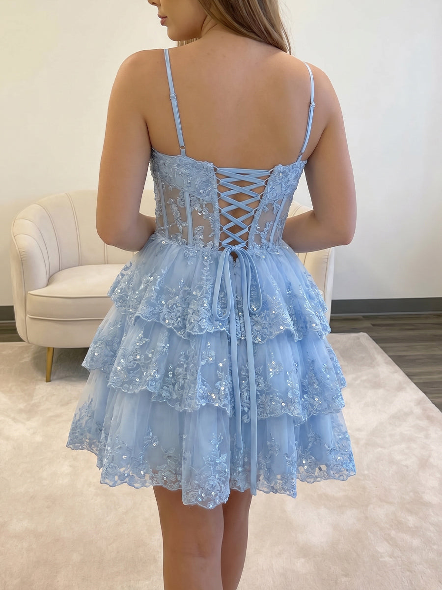 A-line/Princess Halter Appliques Lace Short/Mini Tulle Homecoming Dresses