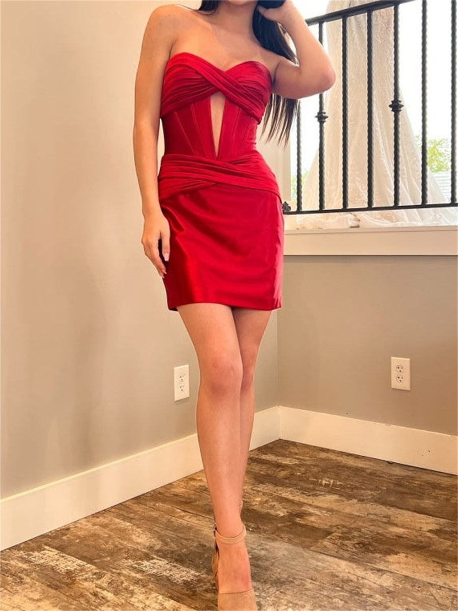 Sheath/Column Spaghetti Straps Sequin Short/Mini Silk Like Satin Homecoming Dresses