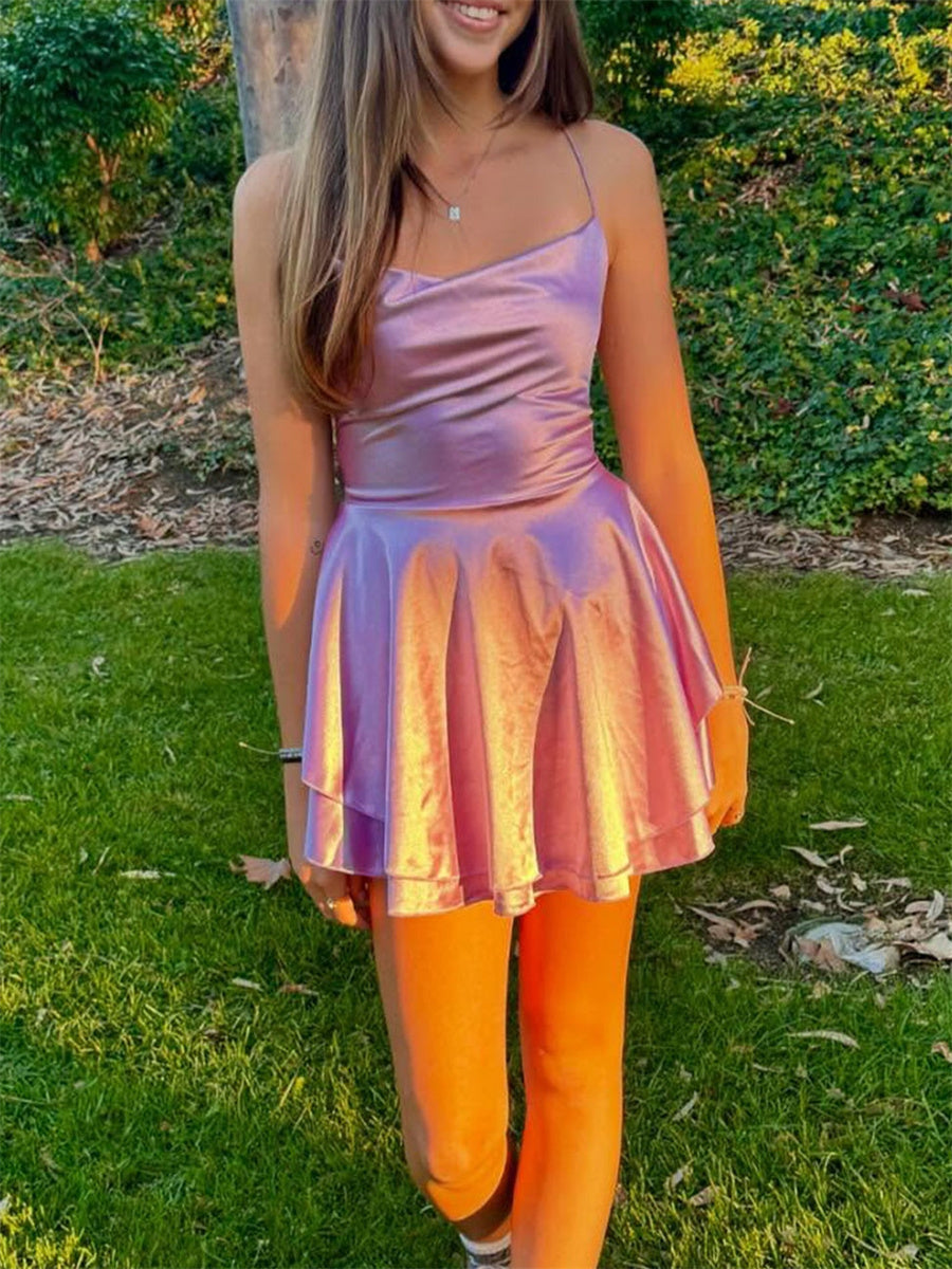 A-line/Princess Straps Bow Short/Mini Silk Like Satin Homecoming Dresses