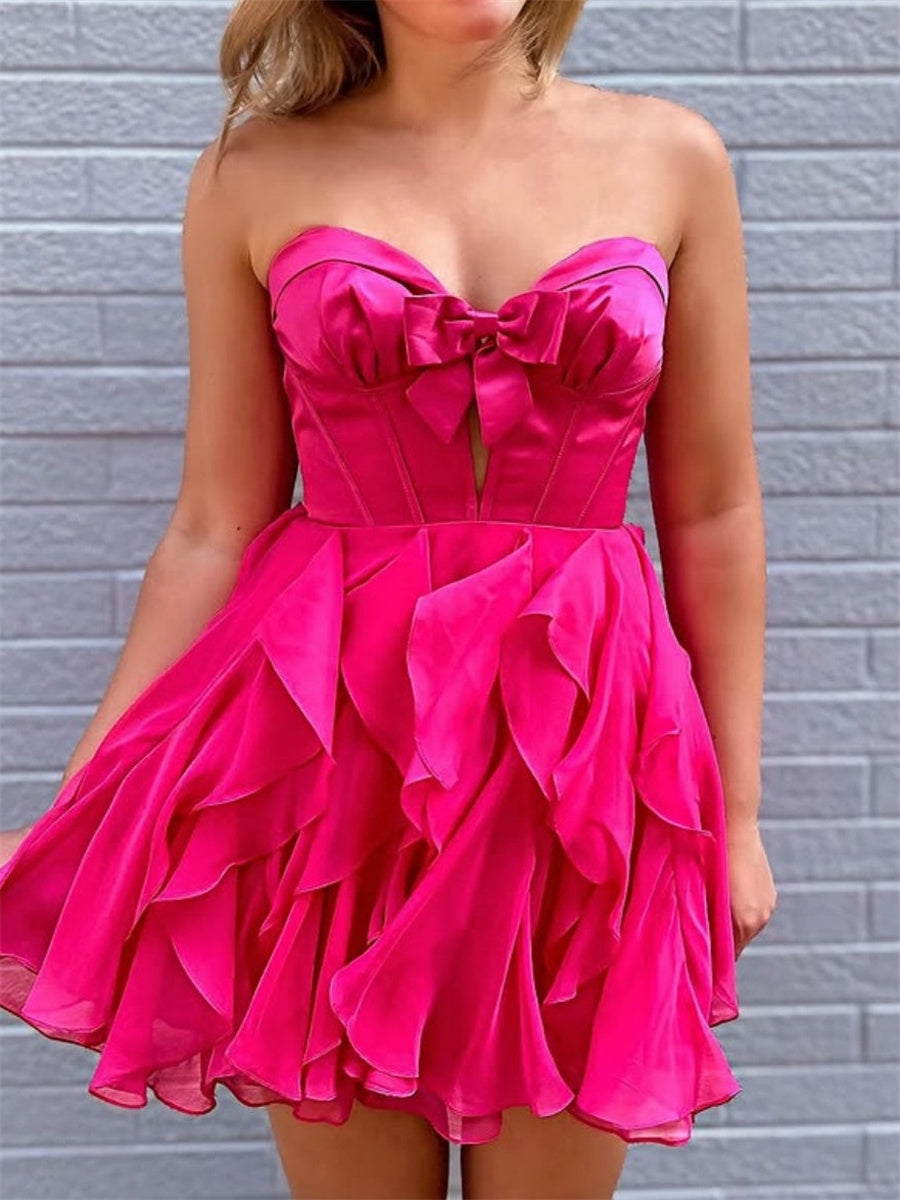A-line/Princess Scoop Pleated Short/Mini Silk Like Satin Homecoming Dresses