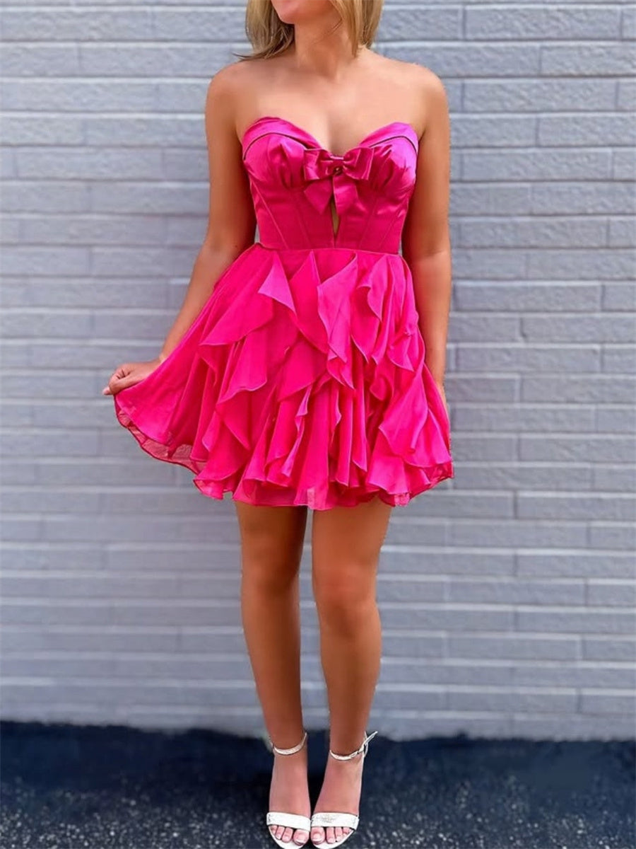 A-line/Princess Scoop Pleated Short/Mini Silk Like Satin Homecoming Dresses