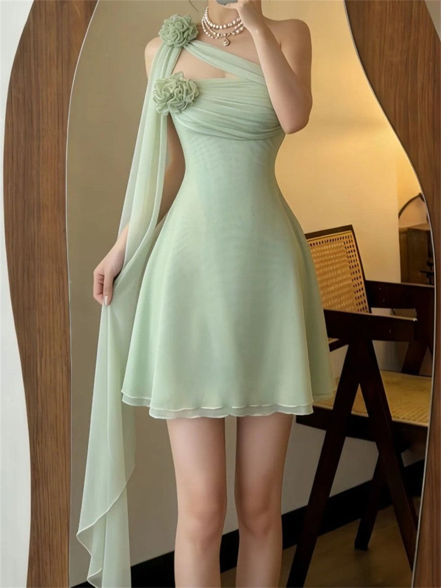 A-line/Princess Halter Cascading Ruffles Short/Mini 30D Chiffon Homecoming Dresses