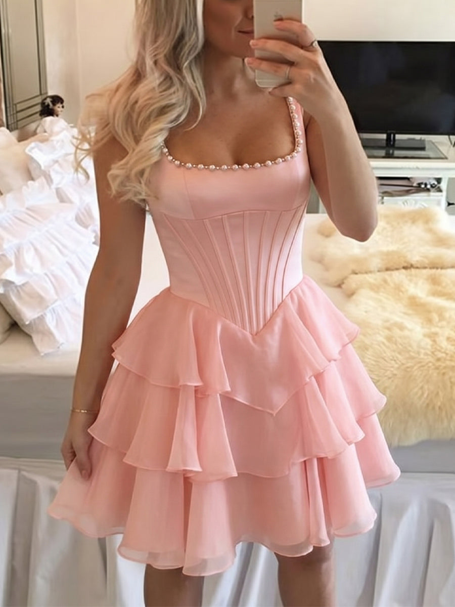 A-line/Princess Square Cascading Ruffles Short/Mini Satin Homecoming Dresses