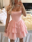 A-line/Princess Square Cascading Ruffles Short/Mini Satin Homecoming Dresses