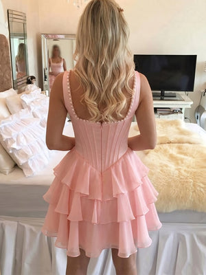 A-line/Princess Square Cascading Ruffles Short/Mini Satin Homecoming Dresses