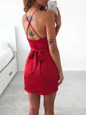 Sheath/Column V-neck Bow Short/Mini Taffeta Homecoming Dresses
