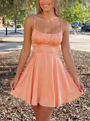 A-line/Princess Spaghetti Straps Pleated Short/Mini Taffeta Homecoming Dresses