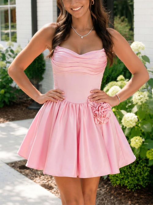 A-line/Princess Sweetheart Flower Short/Mini Silk Like Satin Homecoming Dresses