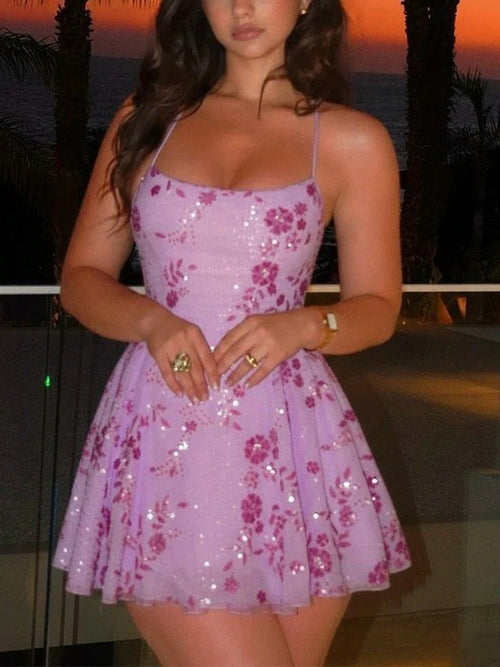 A-line/Princess Spaghetti Straps Sequin Short/Mini Lace Homecoming Dresses