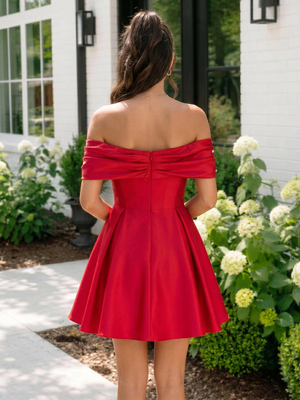 A-line/Princess Off-the-Shoulder Beading Short/Mini Satin Homecoming Dresses