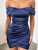 Sheath/Column Off-the-Shoulder Pleated Short/Mini Silk Like Satin Homecoming Dresses