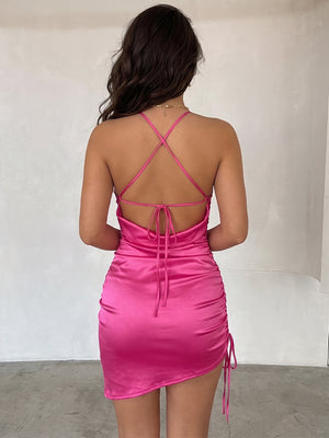 Sheath/Column Spaghetti Straps Pleated Short/Mini Silk Like Satin Homecoming Dresses