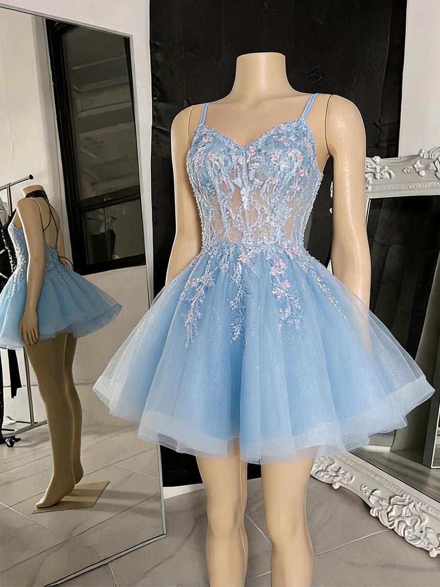 A-line/Princess Spaghetti Straps Appliques Lace Short/Mini Tulle Homecoming Dresses