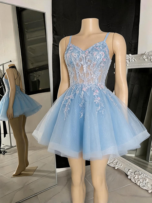 A-line/Princess Spaghetti Straps Appliques Lace Short/Mini Tulle Homecoming Dresses