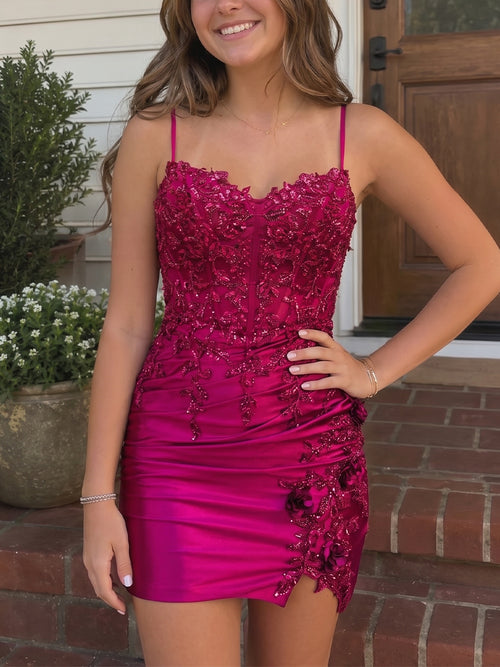 Sheath/Column Spaghetti Straps Pleated Short/Mini Silk Like Satin Homecoming Dresses