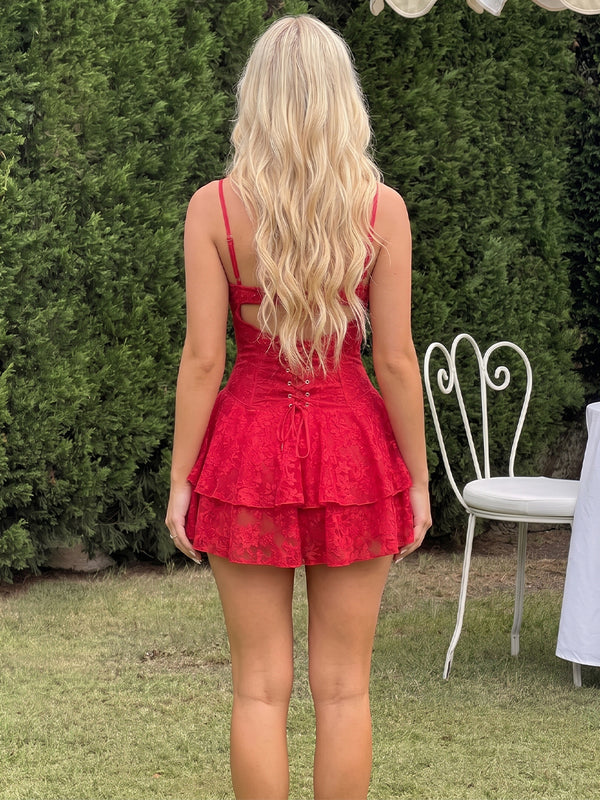 A-line/Princess Spaghetti Straps Cascading Ruffles Short/Mini Lace Homecoming Dresses
