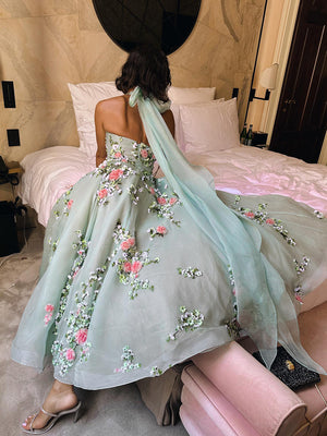 A-line/Princess Halter Appliques Lace Ankle-Length Tulle Homecoming Dresses