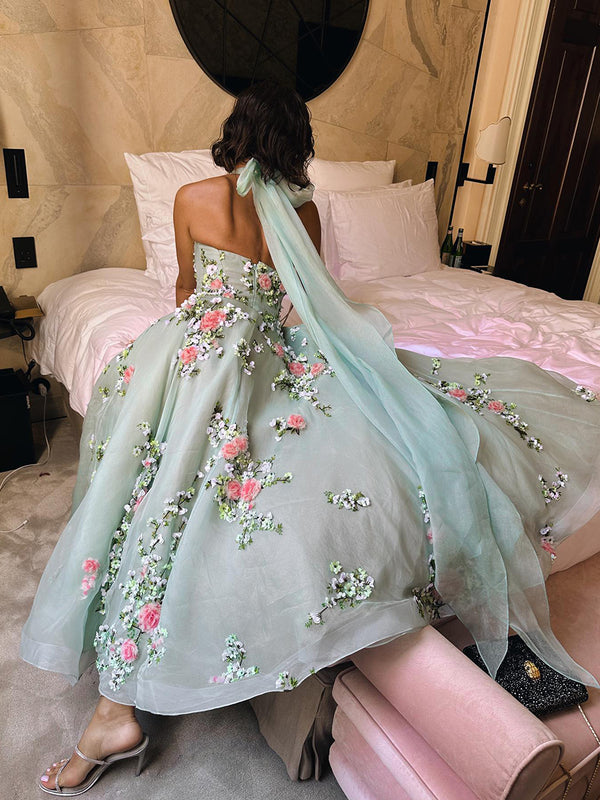 A-line/Princess Halter Appliques Lace Ankle-Length Tulle Homecoming Dresses