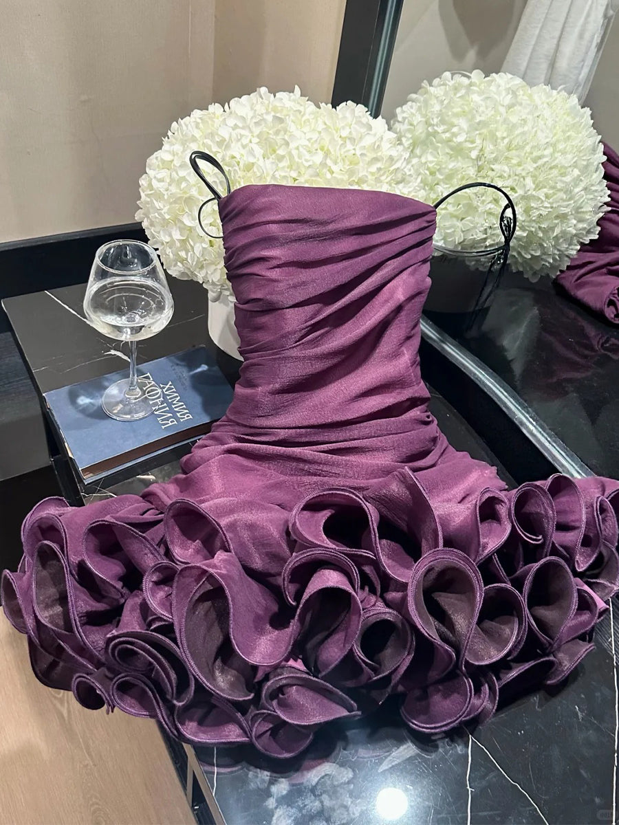 Sheath/Column Spaghetti Straps Ruffles Short/Mini Tulle Homecoming Dresses