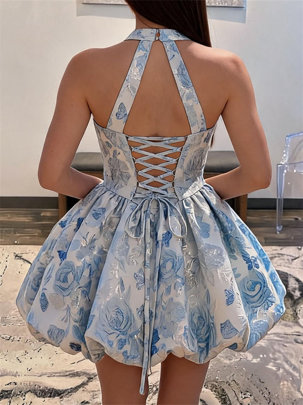 A-line/Princess Halter Appliques Lace Short/Mini Homecoming Dresses