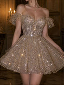 A-line/Princess Off-the-Shoulder Sequin Short/Mini Homecoming Dresses