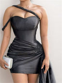 Sheath/Column One-Shoulder Pleated Short/Mini Silk Like Satin Homecoming Dresses