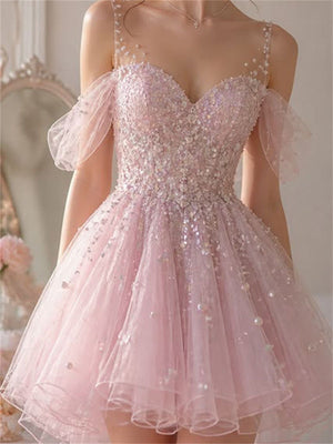 A-line/Princess Illusion Sequin Short/Mini Tulle Homecoming Dresses