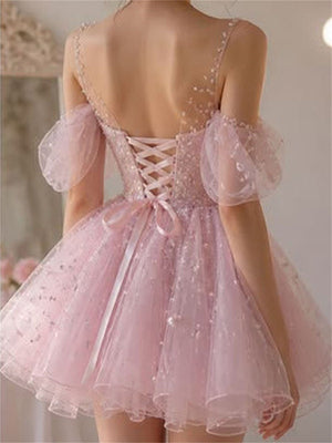 A-line/Princess Illusion Sequin Short/Mini Tulle Homecoming Dresses