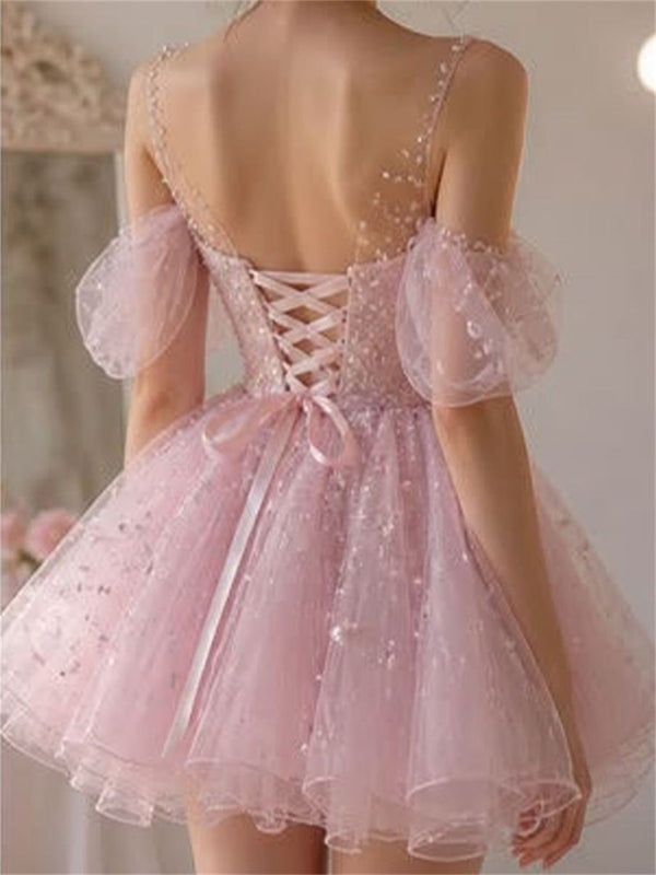 A-line/Princess Illusion Sequin Short/Mini Tulle Homecoming Dresses