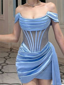 Sheath/Column Off-the-Shoulder Pleated Short/Mini Silk Like Satin Homecoming Dresses