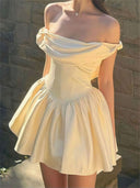 A-line/Princess Off-the-Shoulder Pleated Short/Mini Silk Like Satin Homecoming Dresses