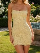 Sheath/Column Spaghetti Straps Appliques Lace Short/Mini Lace Homecoming Dresses