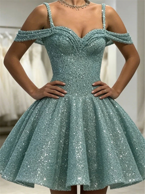 A-line/Princess Cold Shoulder Sequin Short/Mini Lace Homecoming Dresses