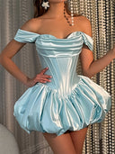 A-line/Princess Off-the-Shoulder Pleated Short/Mini Silk Like Satin Homecoming Dresses