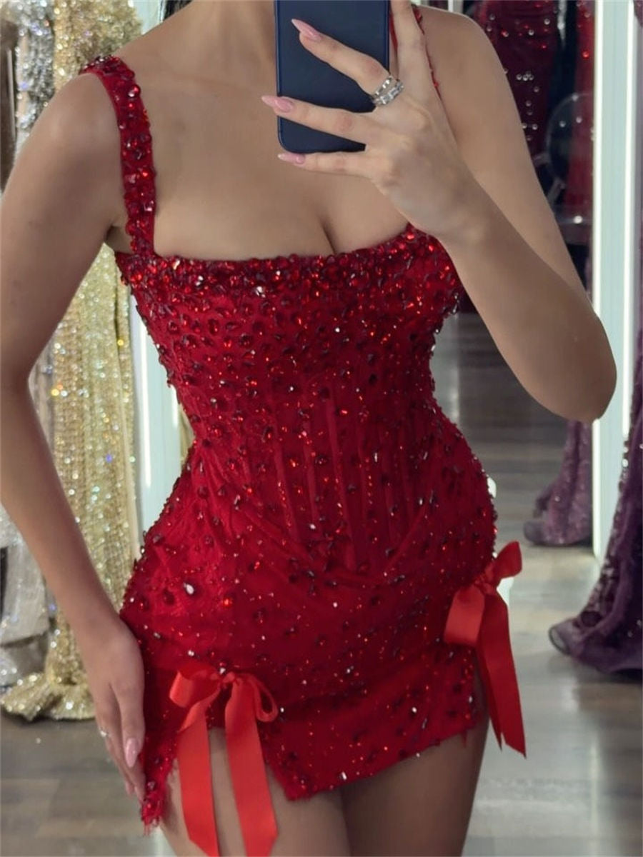 Sheath/Column Straps Rhinestone Short/Mini Tulle Homecoming Dresses