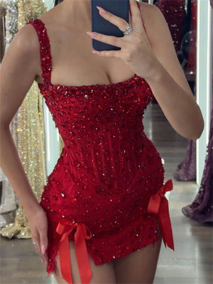 Sheath/Column Straps Rhinestone Short/Mini Tulle Homecoming Dresses