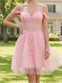 A-line/Princess Cold Shoulder Appliques Lace Short/Mini Tulle Homecoming Dresses