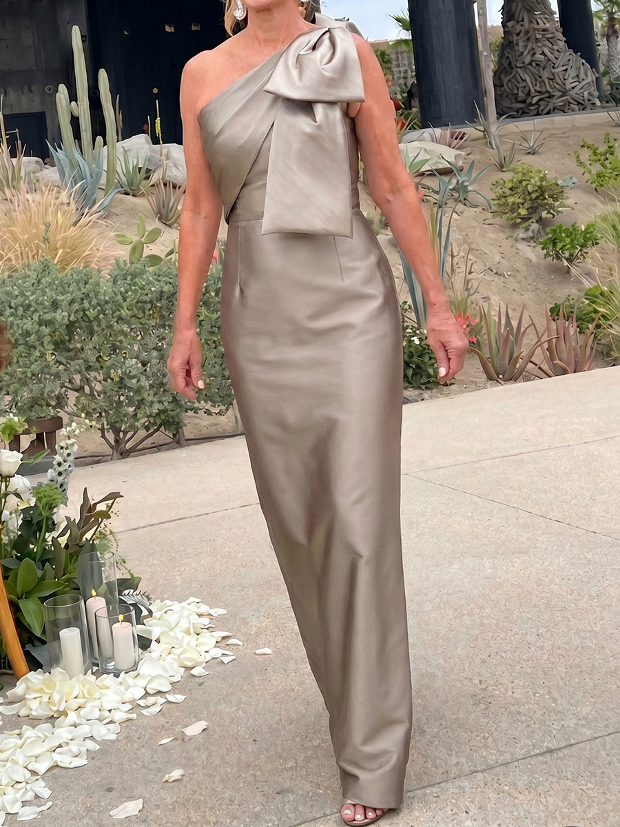 Sheath/Column One-Shoulder Bow Floor-Length Satin Mother of the Bride Dresses