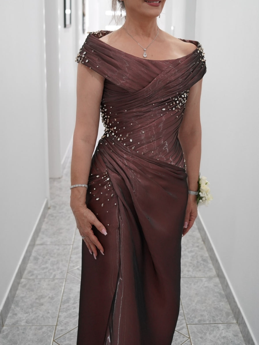 Sheath/Column Scoop Beading Floor-Length Silk Like Satin Mother of the Bride Dresses