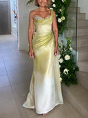 Sheath/Column One-Shoulder Beading Floor-Length Silk Like Satin Mother of the Bride Dresses