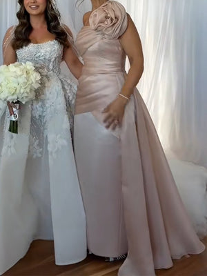 Sheath/Column One-Shoulder Hand-Made Flower Floor-Length Satin Mother of the Bride Dresses