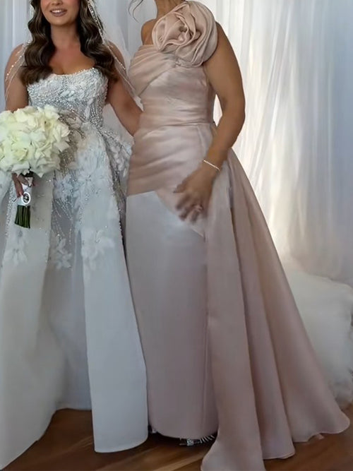Sheath/Column One-Shoulder Hand-Made Flower Floor-Length Satin Mother of the Bride Dresses