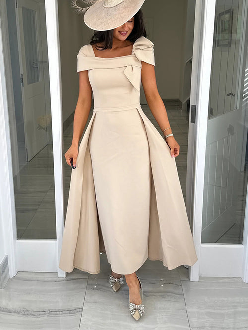 Sheath/Column Straight Short Sleeves Bow Ankle-Length Stretch Crepe Mother of the Bride Dresses