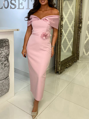Sheath/Column V-neck Short Sleeves Hand-Made Flower Ankle-Length Stretch Crepe Mother of the Bride Dresses
