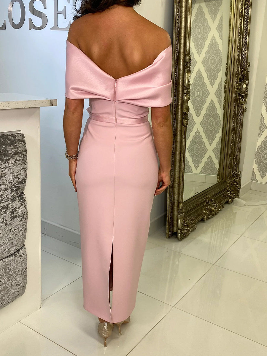 Sheath/Column V-neck Short Sleeves Hand-Made Flower Ankle-Length Stretch Crepe Mother of the Bride Dresses